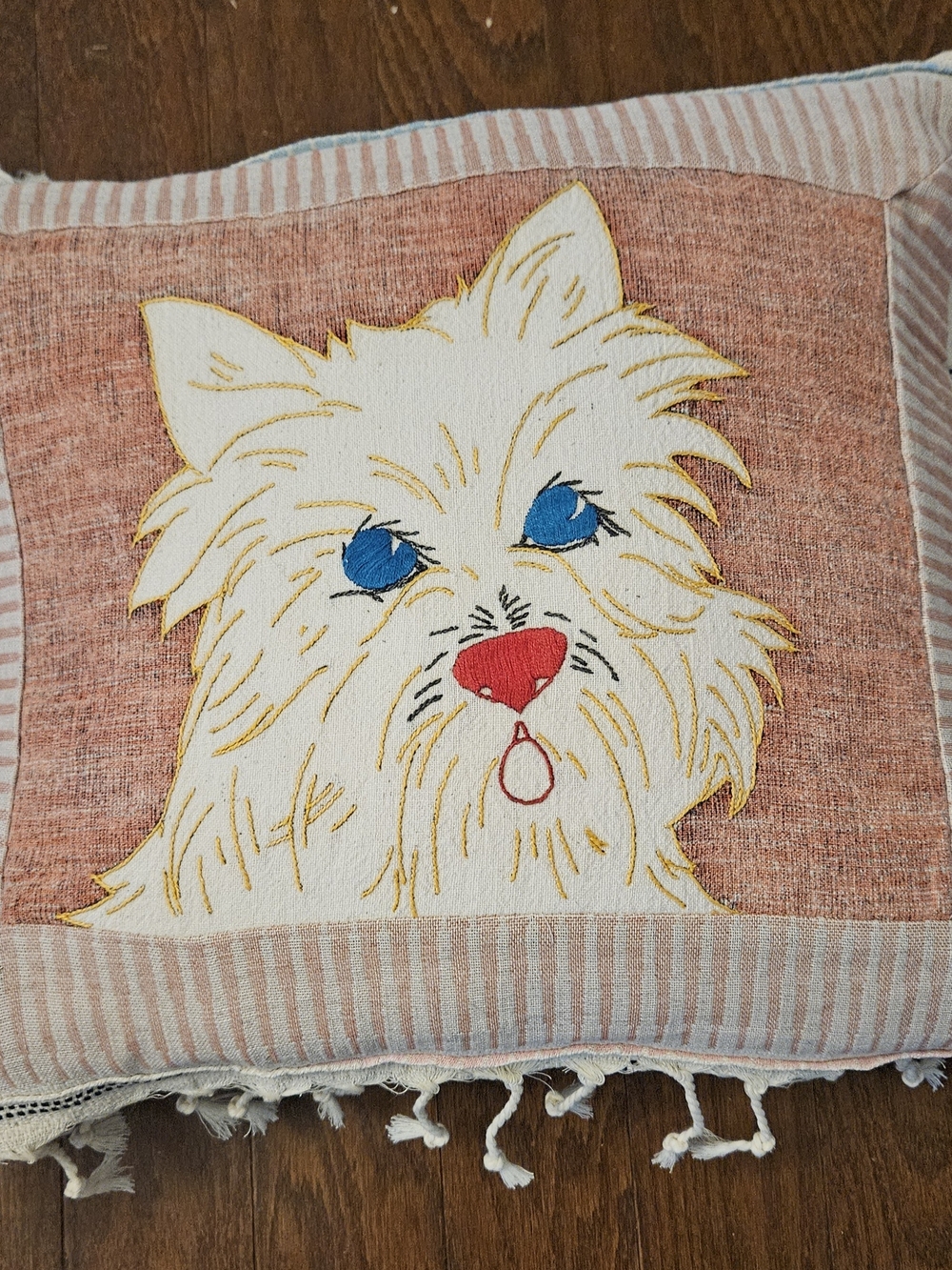 Embroidered White Dog Face Accent Pillow with Blue Eyes